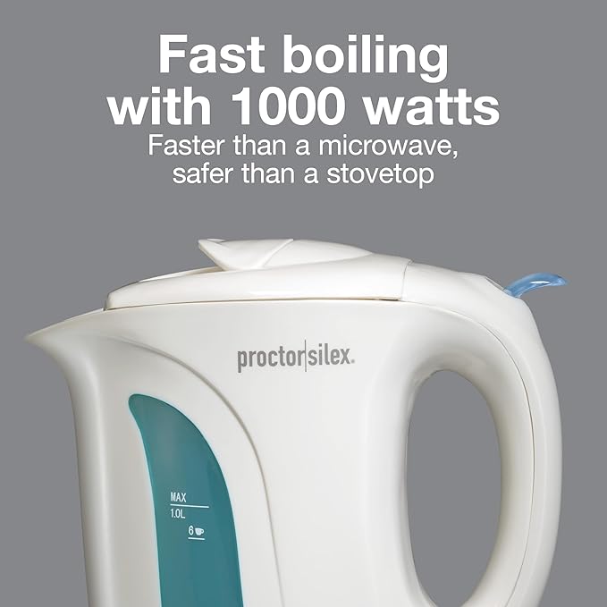 Proctor Silex Electric Tea Kettle, Water Boiler & Heater Auto-Shutoff & Boil-Dry Protection, 1000 Watts for Fast Boiling, 1 Liter, White (Pack of 2)