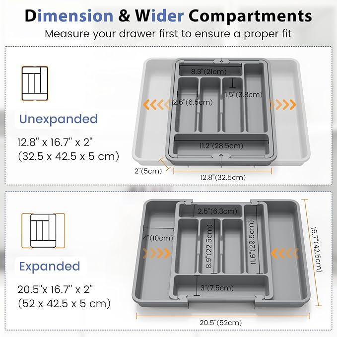 Caperci Large Silverware Organizer for Kitchen Drawer & Utensils - Expandable Drawer Organizer for Cutlery, Flatware & Gadget, BPA-Free Thick Plastic, Wider Compartments & Non-skid Feet (Medium Gray)