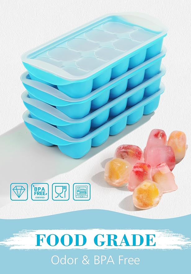 DOQAUS Ice Cube Tray with Lid and Bin, 4 Pack Easy Pop Out Silicone Ices Cubes Trays for Freezer with Cover, Stackable Compact Ice Bucket Kits, for Soup, Food, Cocktail, Coffee