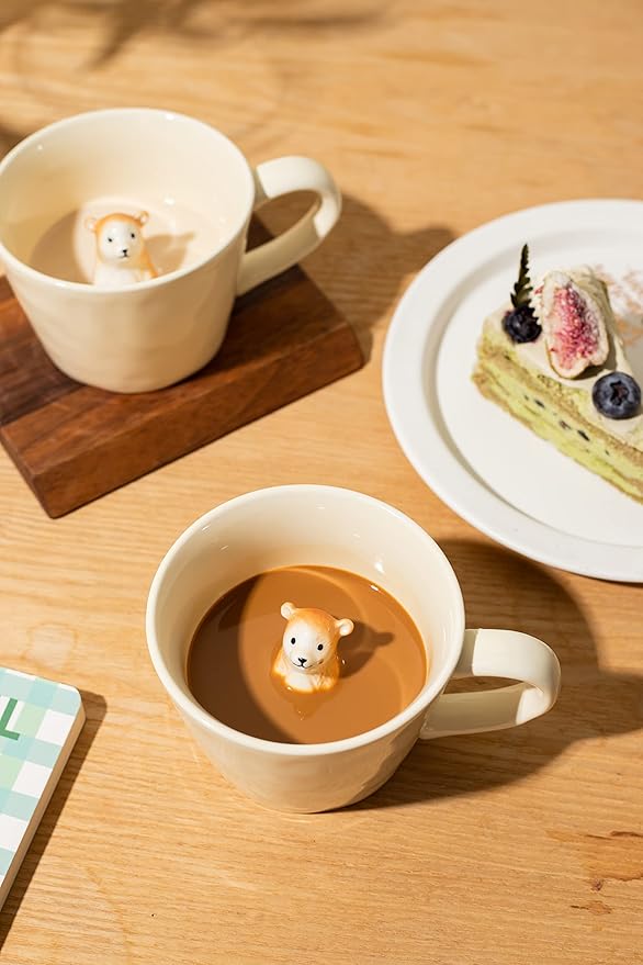 DIHOclub Bear Ceramic Cup Hidden 3D Animal Inside Mug,Cute Cartoon Handmade Figurine Mugs,Holiday and Birthday Gift for Coffee Milk Tea Lovers,12 OZ(Cream Color)