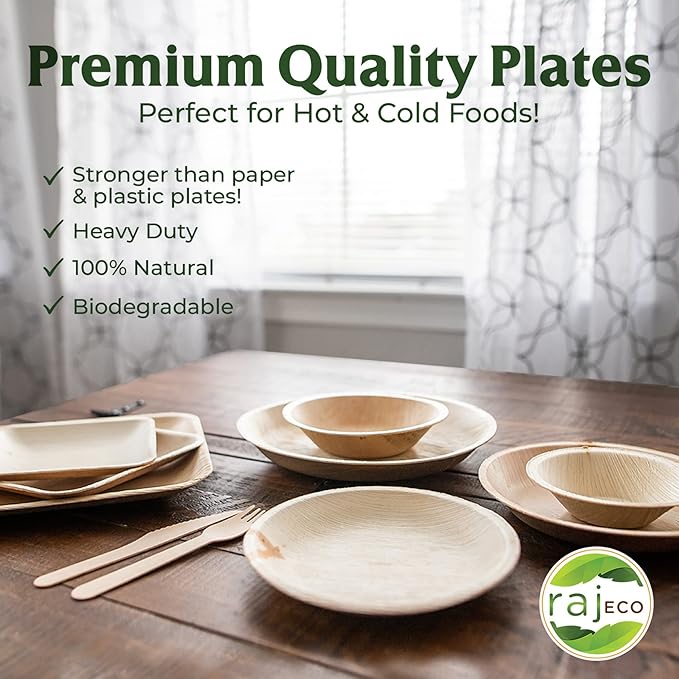 Raj Palm Leaf Plates [50-Pack] 10"x25 7"x25 Square Plates like Bamboo plates Disposable, Decorative Compostable Tableware for wedding, Lunch, Dinner, Birthday, Camping, Outdoor BBQ, Picnic