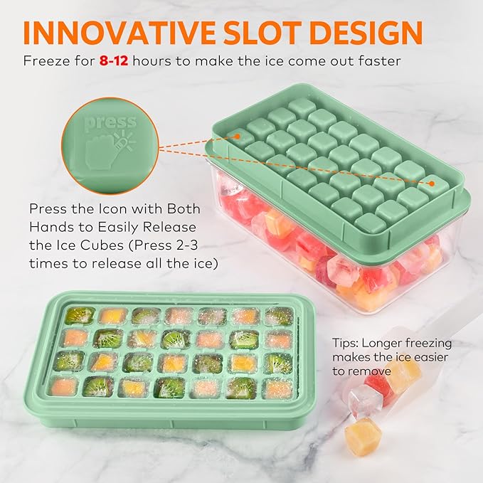Longzon Ice Cube Tray with Lid and Bin, 56 Pcs Ice Cube Trays for Freezer, Ice Cube Mold, Ice Molds Spill-Resistant Removable Lid & Ice Scoop, Ice Mold for Whiskey Cocktail, Tea, Coffee -Green