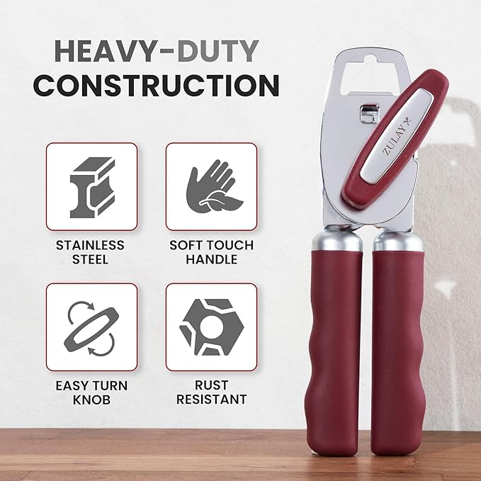 Zulay Kitchen Heavy Duty Stainless Steel Can Opener Manual with Bottle Opener - Rust Proof Manual Can Opener With Turn Knob & Comfy Soft Grip Handles - Deep Red