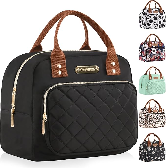 HOMESPON Lunch Bag for Woman Man Adults with Front Pocket Insulated Lunch Tote Lunch Box Container for Work Picnic or Travel(Black Golden)