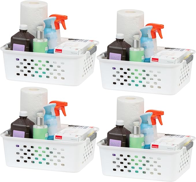 IRIS USA Plastic Basket, 4-Pack, Medium, Shelves Storage Basket for Organizing Pantry, Office, Craft Room, Cabinet, Bedroom, Closet, Laundry Room, White