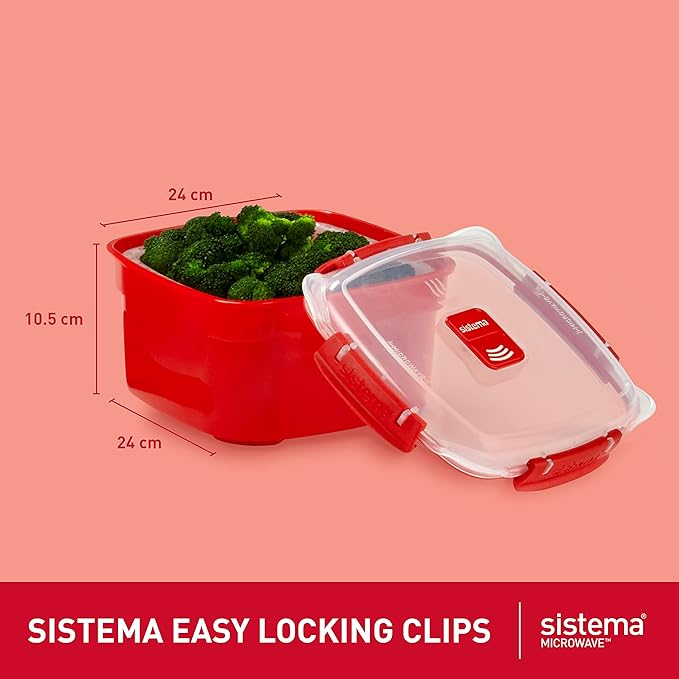 Sistema Microwave Food Steamer with Removable Steamer Basket | Large 3.2 L | Red/Clear