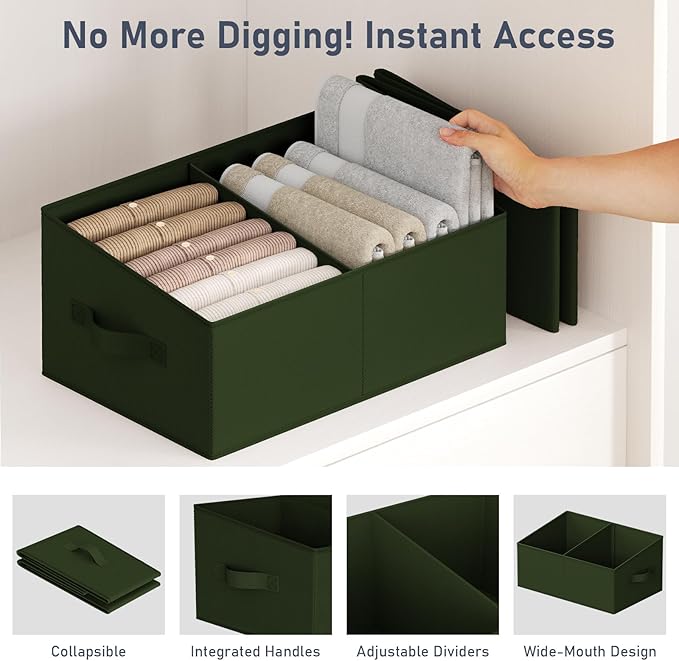 DIMJ Large Closet Shelf Organizer Bins 6 Packs with Handles and Divider, Fabric Trapezoid Storage Baskets, Foldable Clothes Containers Box for Shelf, Towel, Book, Toy, Purse, Hats, Green