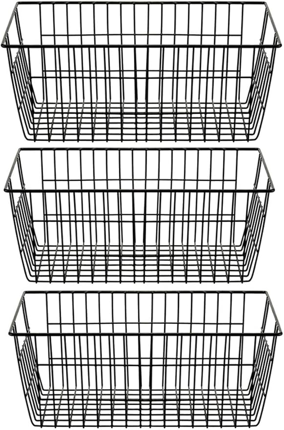 SANNO Freezer Baskets Wire Storage Baskets Closet Baskets Bin Farmhouse Organizer Storage Bins Large Organizer Bins for Home, Office, Bathroom, Pantry Organization Storage -Black Set of 3, 15.7"