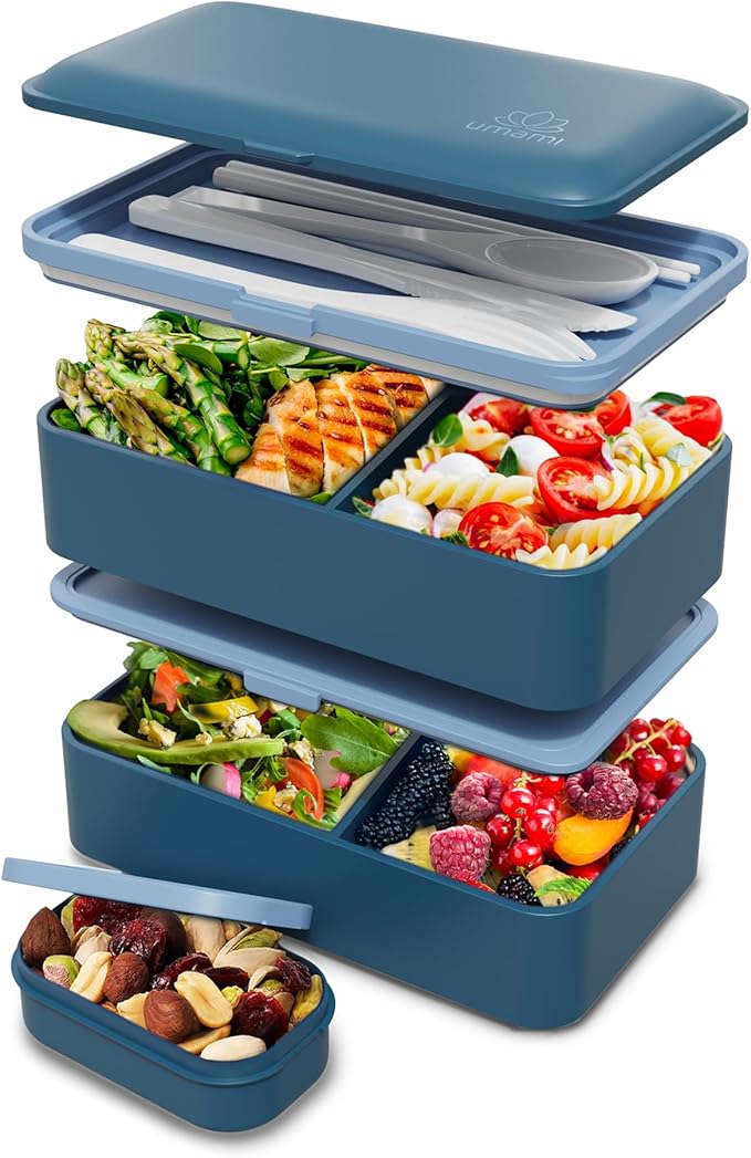 Umami Bento Box Adult All-In-1 w/4 Utensils, Big Sauce Jar, 2 Dividers, 100% Leakproof, Microwave & Dishwasher Safe, Stackable Bento Lunch Box Containers for Men/Women, Denim Blue, 40 oz