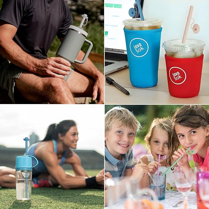 Reusable Silicone Straws with Cover, Bite-Safe, 12”Long Collapsible Drinking Straws for Stanley Owala Cups, Tumblers & Travel – Trim to Fit Any Cup (Green)