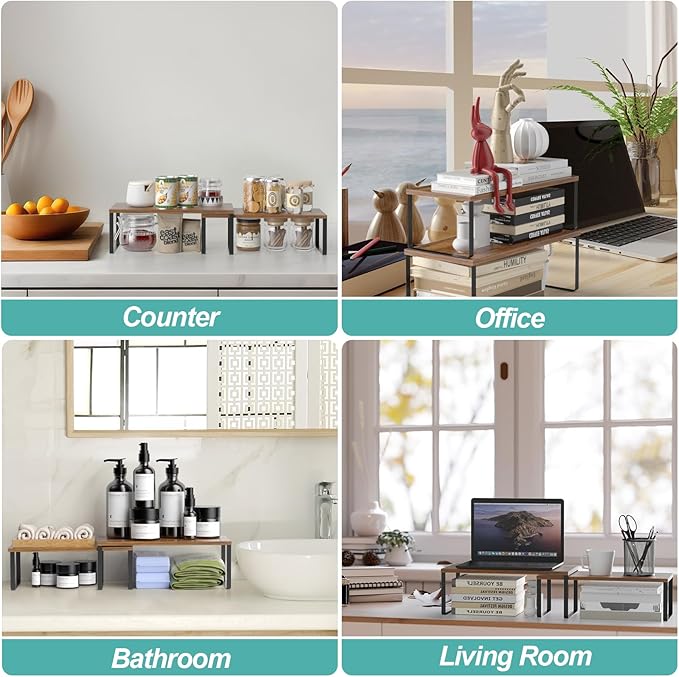 NEX Cabinet Organizer Shelf, Set of 2 Kitchen Counter Shelves, Spice Rack, Stackable Kitchen Shelves Organizer, Pantry Cupboard Dish Mug Cup Storage Shelf, Black and Brown