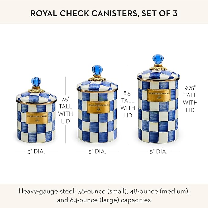 MACKENZIE-CHILDS Enamel Canister Set, Small (38 oz.), Medium (48 oz.), and Large (64 oz.) Kitchen Containers, Blue-and-White Royal Check