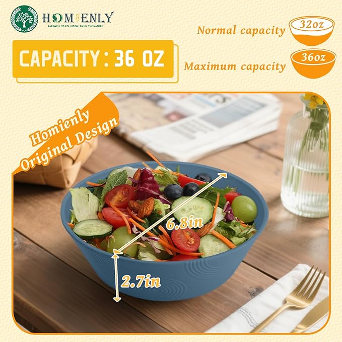 Homienly Wheat Straw Bowls - 36 Oz Soup Bowl Set 6 Unbreakable Dinnerware, Microwave and Dishwasher Safe Bowls, Alternative to Plastic Bowl Reusable, Bowls for Kitchen, Soup, Dinner, Pho(Navy Blue)