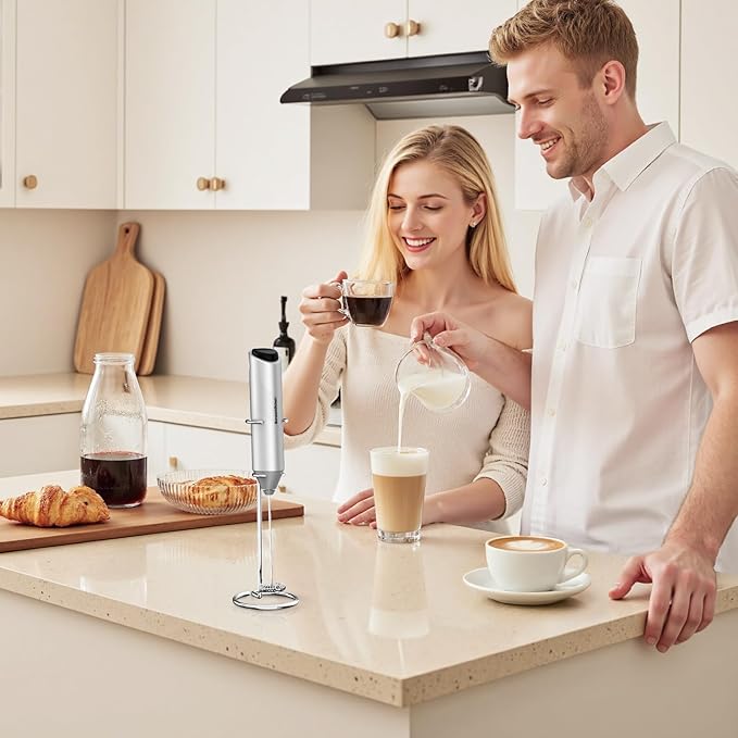 Bonsenkitchen Milk Frother Hanheld with Stand, Electric Coffee Frother, Portable Hand Frother Wand Drink Mixer for Matcha Lattes Cappuccino, Kitchen Gifts (Battery Included)