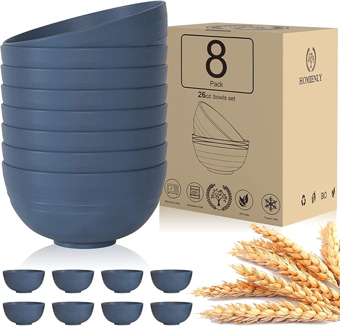 Homienly Soup Bowls, Cereal Bowl, Premium Wheat Straw Bowls Set of 8, Unbreakable Plastic Bowls Microwave Safe, Dishwasher Safe Serving Bowl for Kitchen, Breakfast, Dinner, Salad, Poke (Blue, 26 OZ)