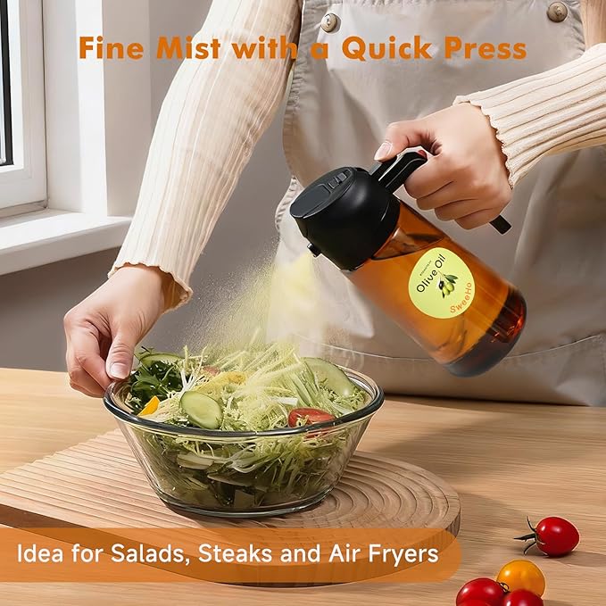 Oil Sprayer for Cooking,470ml Cooking Olive Oil Sprayer and Oil Dispenser 2 In 1, Food-grade Glass Oil Spray Bottle Mister for Air Fryer, BBQ, Griddle (Black+dark brown glass and color label)