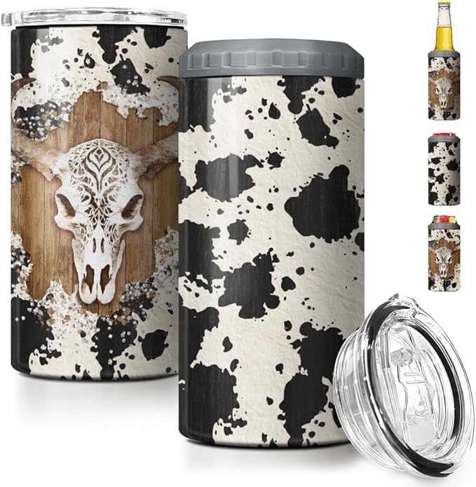 SANDJEST Cow Tumbler Cowgirl 4 in 1 12oz Tumbler Can Cooler Coozie Skinny Stainless Steel Tumbler Gift for Women Girl Daughter Sister Animal Lovers Christmas Birthday