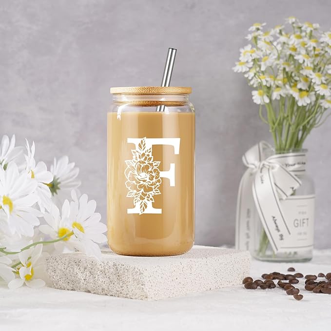 Coolife Initial Glass Cup, Monogrammed Gifts for Women, 16 oz Glass Cups w/Lids Straws, Iced Coffee Smoothie Beer Tumbler w/Straw Lid - Personalized Christmas, Birthday Gifts for Her Mom Friend Woman