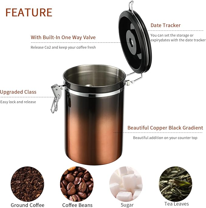 Coffee Canister, Airtight Coffee Container with Date Tracker Lid, Stainless Steel Canister for Kitchen Food Storage (Black-Copper, 12oz)