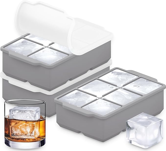 KitchFort Large Silicone Ice Cube Tray (3-Pack), Easy Release 2" Big Ice Cubes - Cocktail, Whiskey Ice Cubes Mold - Ice Trays for Freezer with Lid - Stackable Silicone Ice Tray - Gray