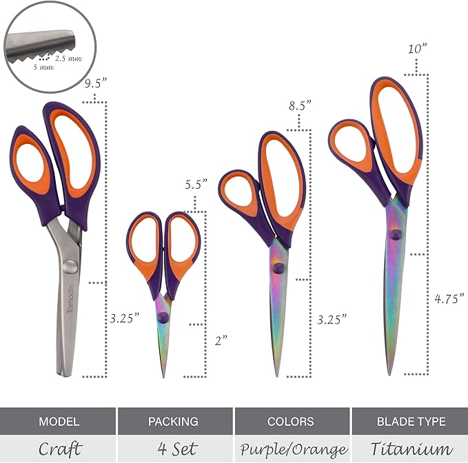 BambooMN Titanium Softgrip Scissors Set - Pinking, Sewing, Arts, Crafts, Office - 10 Sets of 4 - Purple w/Orange