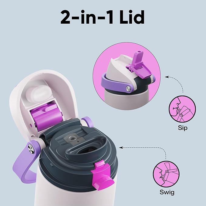 Insulated Water Bottle with Straw - Encool Stainless Steel Water Bottle with Push Button Lid, Leak-Proof & BPA-Free, Keeps Cold for 24 Hours for Sports, Travel, Gym (18 oz, Oyster Pink)