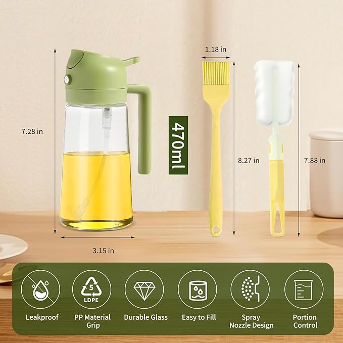 2pcs Oil Sprayer for Cooking, 16oz/470ml Oil Dispenser for Kitchen, 2 in 1 Olive Oil Dispenser Bottle for Kitchen Gadgets, Air Fryer, Salad, BBQ (Black, Green)