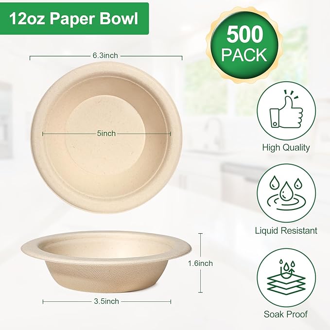 12 oz Paper Bowls Disposable, 500 Pack Heavy Duty Paper Bowls Bulk, Compostable Disposable Soup Bowls, Eco-Friendly Biodegradable Bowl Natural Brown, Microwavable Safe