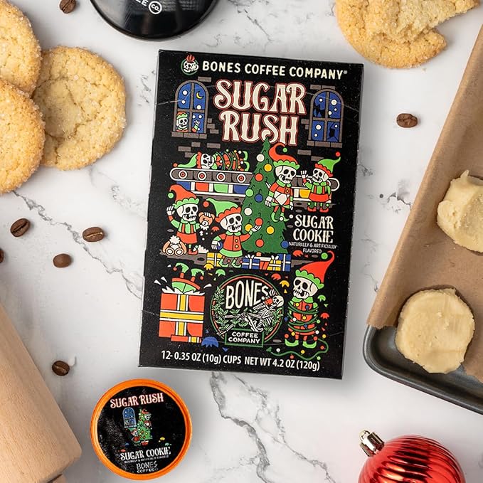 Bones Coffee Company Flavored Coffee Bones Cups Sugar Rush Flavored Pods | 12ct Single-Serve Coffee Pods Compatible with Keurig 1.0 & 2.0 Keurig Coffee Maker