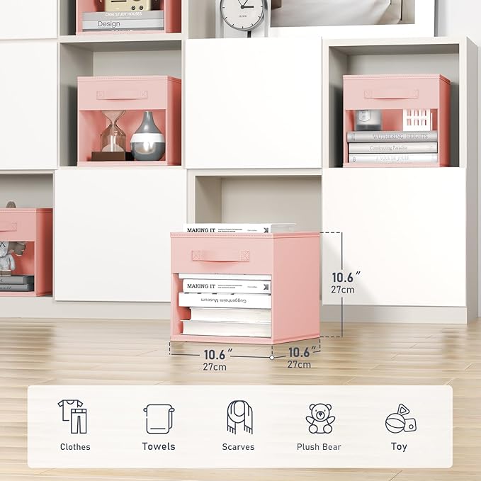 DIMJ Modern 6 Pack Foldable Storage Cubes with Window, 11x11 inch Plastic Closet Organizer Bins for Clothes, Toys, Books
