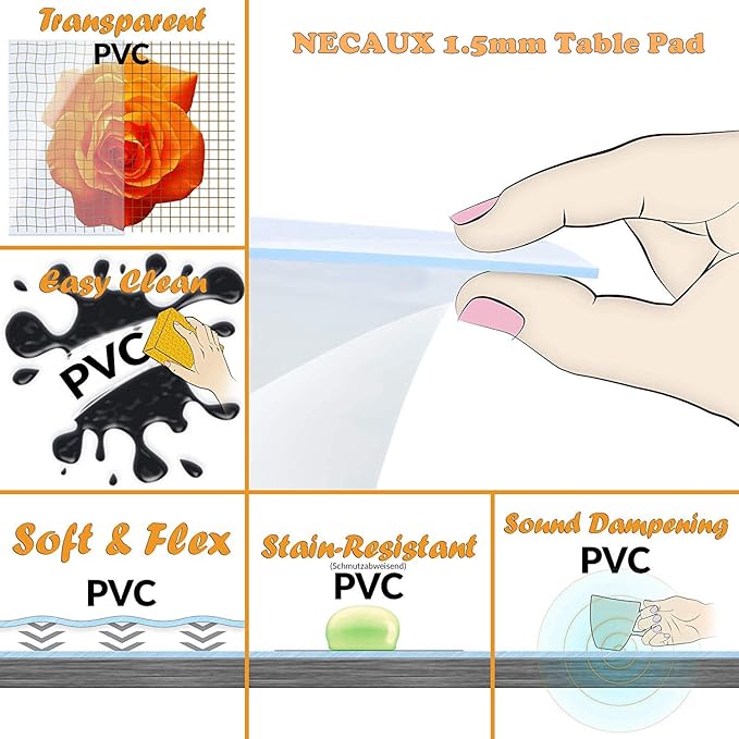 NECAUX Custom 48 x 87 Inch Clear Table Cover Protector, 1.5mm Thick Wood Grain Transparent Table Pad Non-Slip Tablecloth Plastic Protective Pad for Dining Room Table, Conference Table
