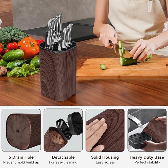 Ninonly Knife Block Without Knives 3 in 1 Universal Square Knife Holder Without Knives with Scissors Slot and Sharpening Rod Detachable Kitchen Knife Holder for Easy Cleaning Space Saver Brown