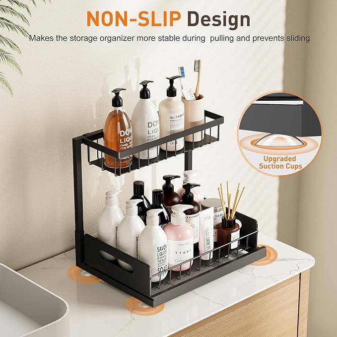 Under Sink Organizer,Metal Pull Out Cabinet Organizer Shelf,Kitchen Bathroom Organizers with Sliding Drawer,Storage Shelves,Storage and Organization for Home,Laundry,RV,Pantry,Spice,Black,2 Pack