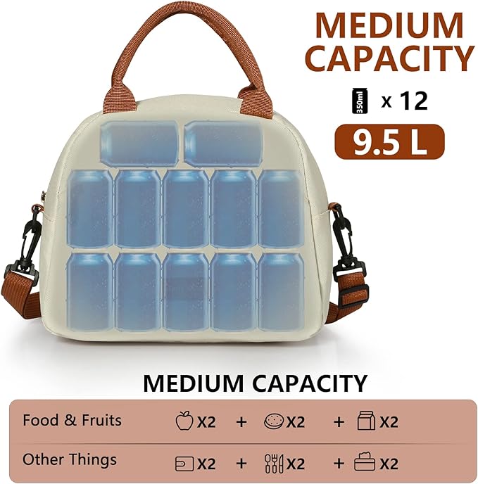 Insulated Lunch Bag For Women, Men Waterproof Cooler Bag Lunch Box For Women Portable Reusable Two-Tone,With Adjustable Straps Can Be Used For Work,White and Brown