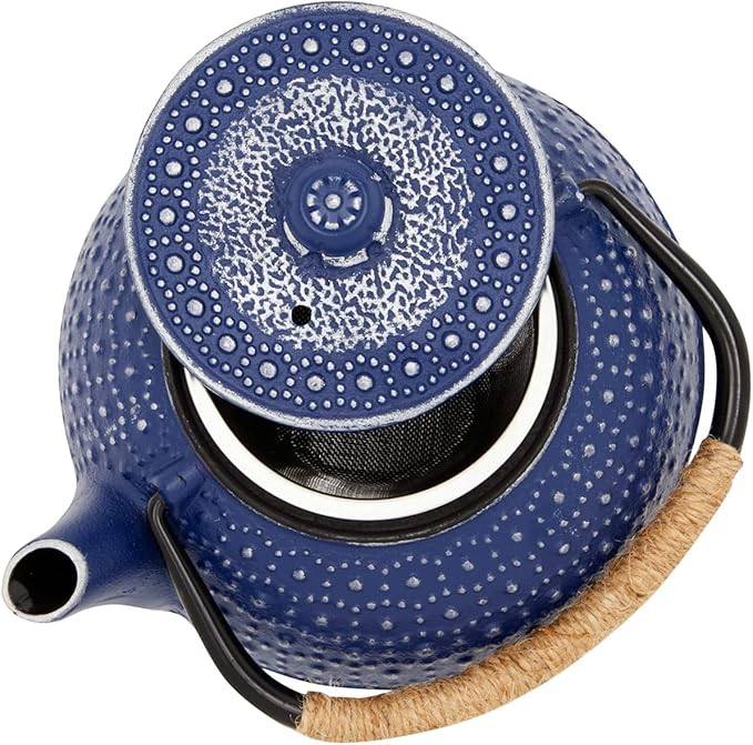 Juvale Cast Iron Teapot with Infuser - Blue, 27 oz (800 mL) - Stovetop Tea Kettle for Loose Leaf Tea - Includes Stainless Steel Infuser & Trivet