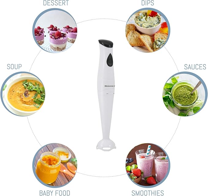 Elite Gourmet EHB-2425X Electric Immersion Hand Blender, Mixer, Chopper, 1-Touch Control Multi Purpose Electric Immersion Stick, Mixer, Chopper, 150 Watts, For Soups, Sauces, Baby Food, White