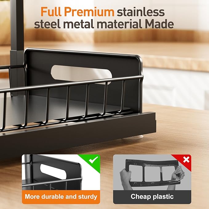 Under Sink Organizer,Metal Pull Out Cabinet Organizer Shelf,Kitchen Bathroom Organizers with Sliding Drawer,Storage Shelves,Storage and Organization for Home,Laundry,RV,Pantry,Spice,Black,2 Pack