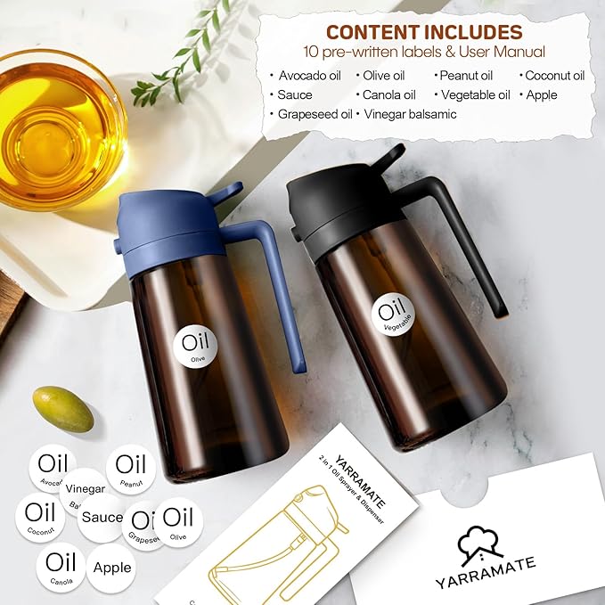 YARRAMATE 16oz/470ml Dark Brown Oil Sprayer for Cooking with Stickers, Food-grade Premium 2 in 1 Olive Oil Dispenser Bottle for Kitchen Gadgets, Air Fryer, Salad, Frying, BBQ (Navy)