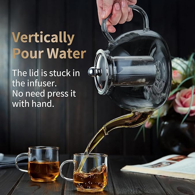 40OZ (1200ML) Glass Teapot with Infuser Stovetop Safe, Clear Glass Tea Pot Kettle, Borosilicate Tea Pot with Infusers Filter for Loose Tea, Tea Kettle Dishwasher Safe (Black)