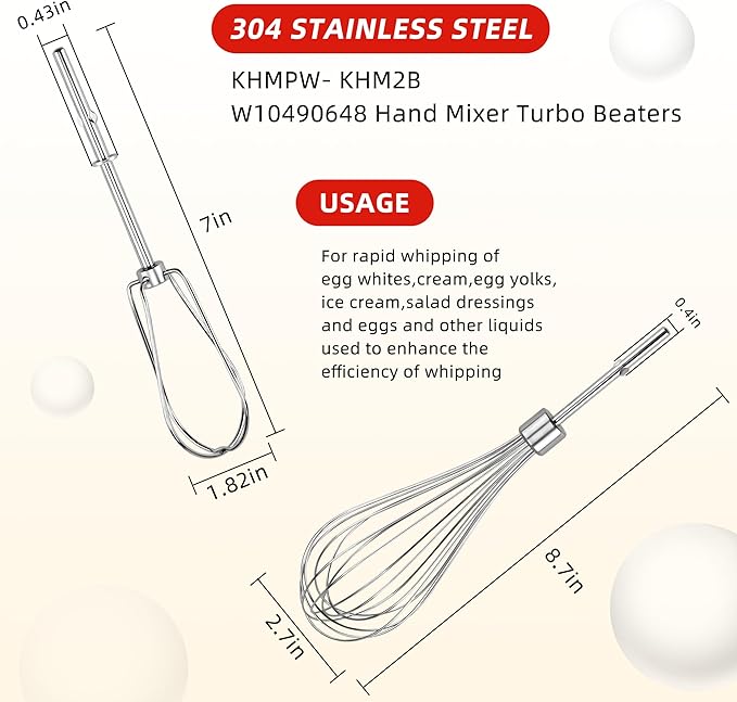 W10490648 Hand Mixer Turbo Beaters KHM2B (2 Pack) & KHMPW Stainless Steel Pro Mixer Whisk Attachment(2 Pack) Fit for Kitchen Mixer KHM Series by Fetechmate