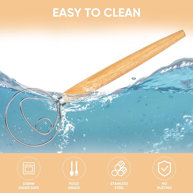 Maxjoy Danish Dough Whisk Wooden Dutch Bread Mixer with Stainless Steel Hook for Sourdough Baking Hand Tool