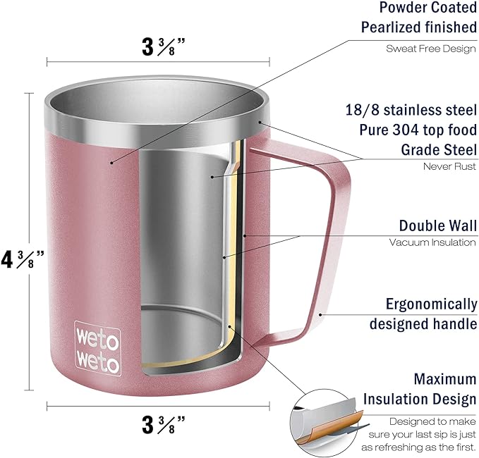 WETOWETO Coffee Mug with Handle, 14oz Insulated Stainless Steel Coffee Travel Mug, Double Wall Vacuum Reusable Coffee Cup with Lid, Powder Coated Rose Gold