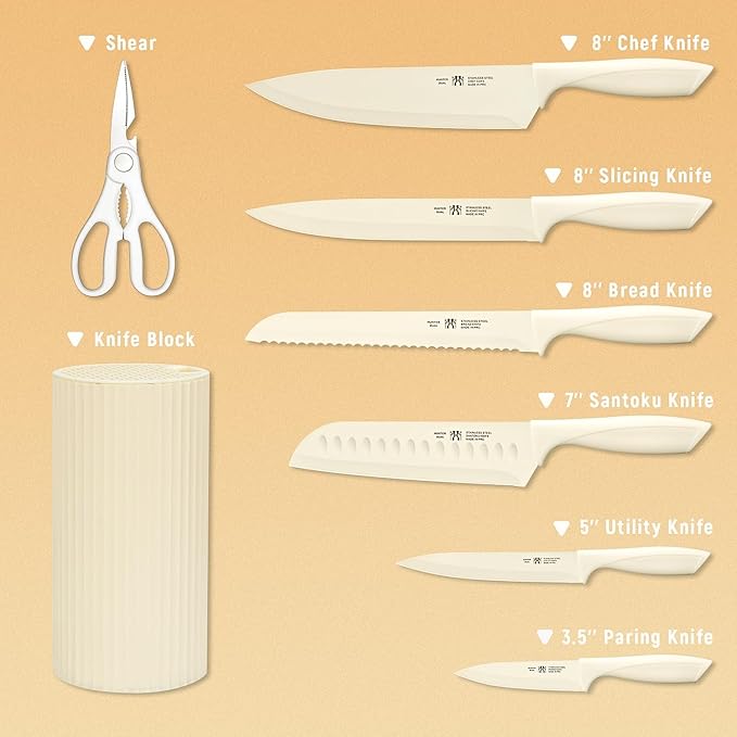 Knife Set, 8-Piece Kitchen Knife Set for Chef, Sharp Knife Set with Universal Knife Block, Anti-Rust Kitchen Knife Block Set, Ergonomical Design (Beige)