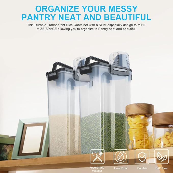 Rice Airtight Dry Food Storage Containers, BPA Free Plastic Storage Bin Dispenser with Pourable Spout, Measuring cup for Cereal, Flour and Baking Supplies, Include a Stainless Steel Whisk