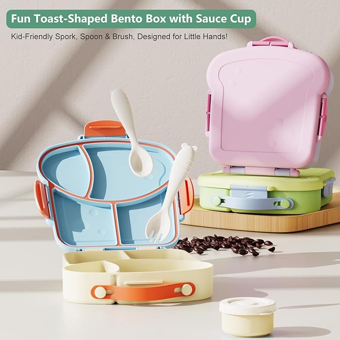 Bento Lunch Box - Toast-Shaped 4-Compartment Lunchable Food Container with Sauce Cup, Utensils & Brush, BPA-Free, Reusable Snack Container with lid, Ideal for Travel - Yellow