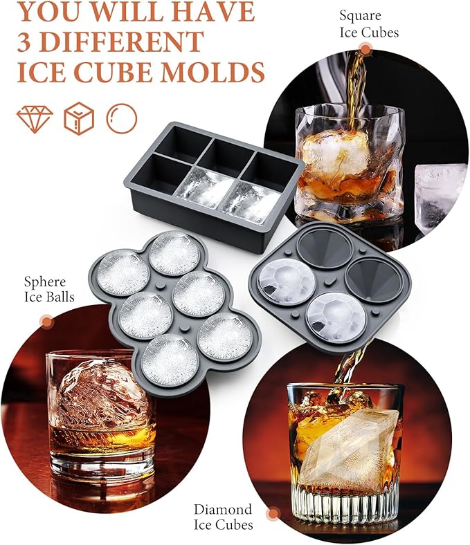 Silicone Large Ice Cube Molds (Set Of 3), 6 Ice Ball Maker Mold, 6 Square Ice Cube Mold，4 Diamond, Reusable Whiskey Ice Mold, Ice Molds for Cocktails, Bpa Free, Freezer Ice Cube Tray (Grey)
