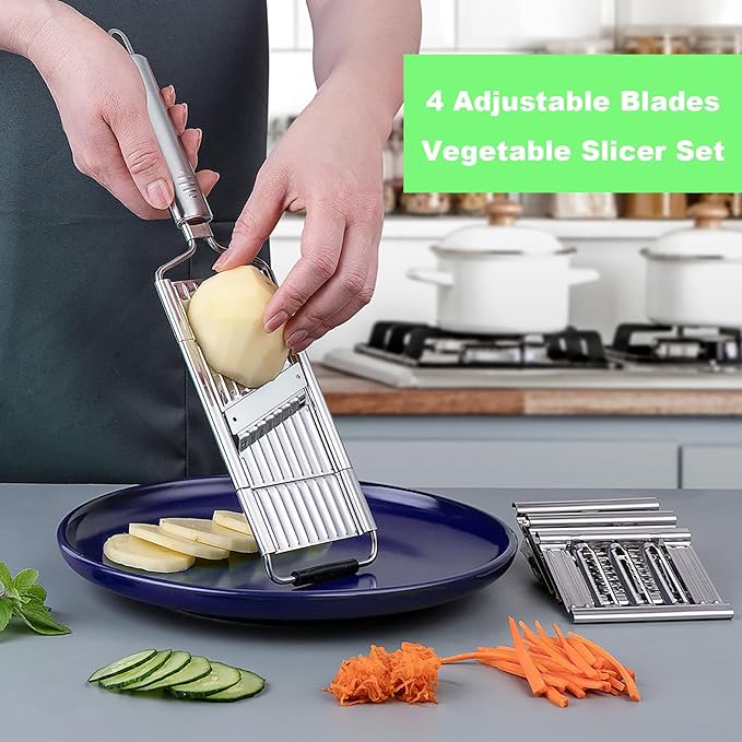 Suuker 4 in 1 Vegetable Cutter with Cheese Grater, Carrot Grater, Cabbage Shredder, Cucumber Slicer - Stainless Steel Mandoline Slicer for Kitchen