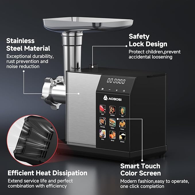 AAOBOSI Multifunctional Digital Meat Grinder Electric 3000W Max w/ 9 Touch Screen Presets, Auto-Reverse & Built-in Storage -Grinding, Sausage & Kibbe & Grate Cheese Making for Home Use