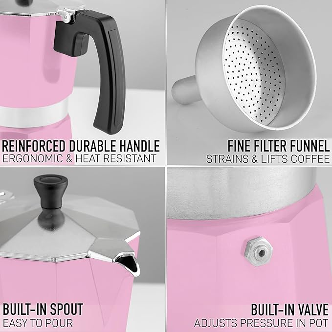 Zulay Moka Pot Espresso Stovetop Coffee Maker - Leak-Proof, Stainless Steel, Easy to Clean, Heat Resistant Handle & Knob - for Authentic Cuban & Italian Style Espresso - Makes 3 Espresso Cups - Pink