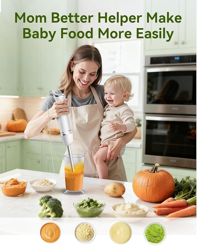 Immersion Blender Handheld 5 in 1 Hand Blender, 1000W Hand Mixer Stick, BPA-Free 12 Speed Handheld Blender with Mixing Beaker, Chopper, Whisk and Milk Frother for Soup, Sauce, Baby Food (White)